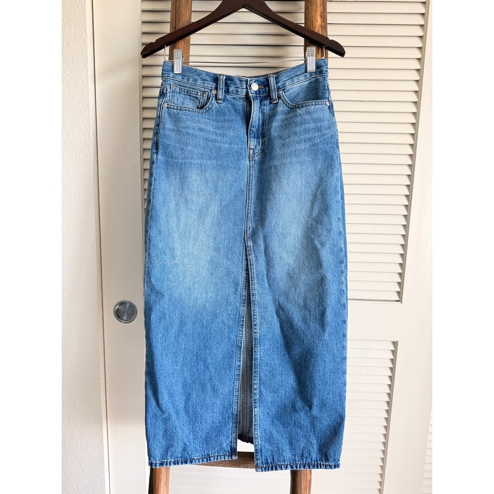 Madewell High Rise Maxi Denim‎ Skirt Front Slit Medium Wash Size 23